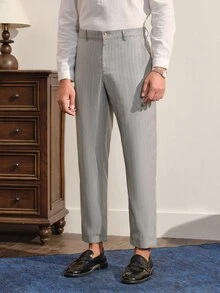 VeloEdit 男士條紋休閒工作服斜口袋修身西裝正式長褲，老錢風，儀式感 - 灰色 - 查看 4
