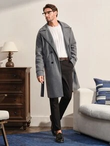 VeloEdit Loose Fit Men's Lapel Collar Drop Shoulder Belted Long Sleeve Overcoat, Fall Winter - Grey - View 2