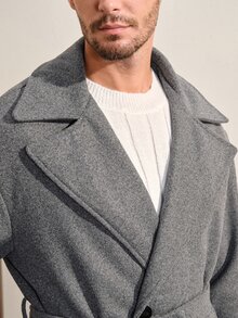 VeloEdit Loose Fit Men's Lapel Collar Drop Shoulder Belted Long Sleeve Overcoat, Fall Winter - Grey - View 8