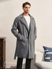 VeloEdit Loose Fit Men's Lapel Collar Drop Shoulder Belted Long Sleeve Overcoat, Fall Winter - Grey - View 6