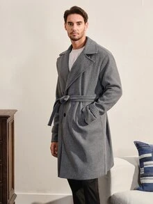 VeloEdit Loose Fit Men's Lapel Collar Drop Shoulder Belted Long Sleeve Overcoat, Fall Winter - Grey - View 7