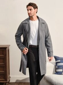 VeloEdit Loose Fit Men's Lapel Collar Drop Shoulder Belted Long Sleeve Overcoat, Fall Winter - Grey - View 5