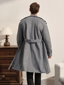 VeloEdit Loose Fit Men's Lapel Collar Drop Shoulder Belted Long Sleeve Overcoat, Fall Winter - Grey - View 3