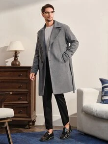 VeloEdit Loose Fit Men's Lapel Collar Drop Shoulder Belted Long Sleeve Overcoat, Fall Winter - Grey - View 10