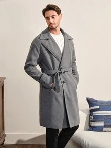VeloEdit Loose Fit Men's Lapel Collar Drop Shoulder Belted Long Sleeve Overcoat, Fall Winter - Grey - View 4