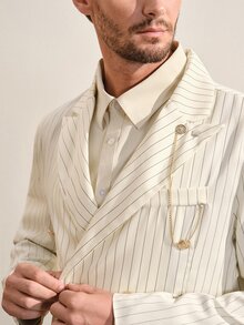 VeloEdit 男士線條印花極簡休閒長袖西裝外套與長褲套裝 米色雙排扣夏季西裝 細條紋奶油色 正式禮服 儀式婚禮用 - Pure White - 查看 7