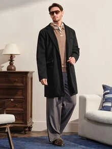 VeloEdit 男士前开襟长袖口袋休闲夹克，商务外出大衣，送给朋友、丈夫、男友的礼物，男士黑色风衣，男士双排扣大衣，男士系带大衣 - 純黑 - 查看 10