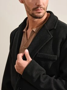 VeloEdit 男士前开襟长袖口袋休闲夹克，商务外出大衣，送给朋友、丈夫、男友的礼物，男士黑色风衣，男士双排扣大衣，男士系带大衣 - 純黑 - 查看 8
