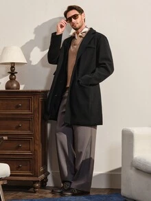 VeloEdit 男士前开襟长袖口袋休闲夹克，商务外出大衣，送给朋友、丈夫、男友的礼物，男士黑色风衣，男士双排扣大衣，男士系带大衣 - 純黑 - 查看 2