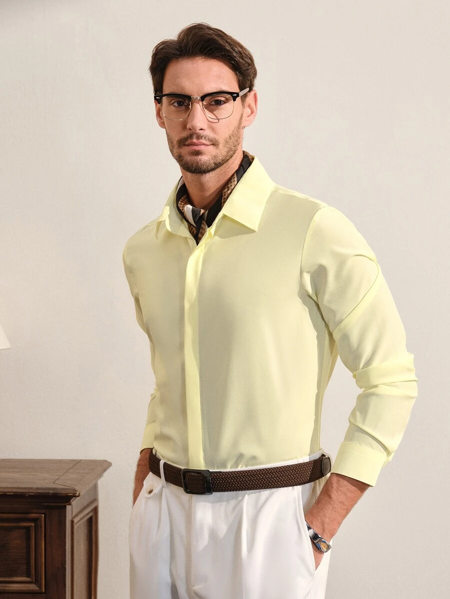 VeloEdit Men's Long Sleeve Dress Shirt,Pale Yellow,Autumn,Business Casual,Office & Formal Button-Up,All-Season Comfort Regular Fit,Smooth Texture,Ceremony - Light Yellow - View 1