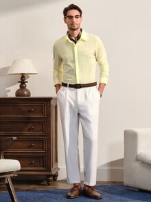 VeloEdit Men's Long Sleeve Dress Shirt,Pale Yellow,Autumn,Business Casual,Office & Formal Button-Up,All-Season Comfort Regular Fit,Smooth Texture,Ceremony - Light Yellow - View 2