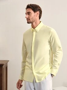 VeloEdit Men's Long Sleeve Dress Shirt,Pale Yellow,Autumn,Business Casual,Office & Formal Button-Up,All-Season Comfort Regular Fit,Smooth Texture,Ceremony - Light Yellow - View 4