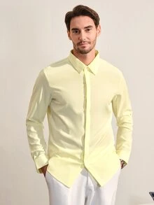 VeloEdit Men's Long Sleeve Dress Shirt,Pale Yellow,Autumn,Business Casual,Office & Formal Button-Up,All-Season Comfort Regular Fit,Smooth Texture,Ceremony - Light Yellow - View 6