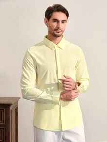 VeloEdit Men's Long Sleeve Dress Shirt,Pale Yellow,Autumn,Business Casual,Office & Formal Button-Up,All-Season Comfort Regular Fit,Smooth Texture,Ceremony - Light Yellow - View 5