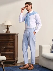 VeloEdit Men's Mature Modern Blue Striped Casual Suit Pants, Spring/Summer, Ceremony, Formal - Blue and White - View 7