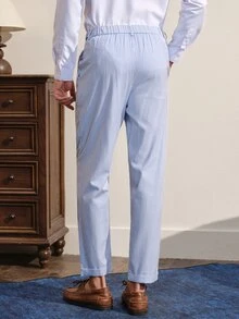 VeloEdit Men's Mature Modern Blue Striped Casual Suit Pants, Spring/Summer, Ceremony, Formal - Blue and White - View 3