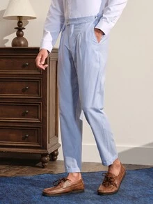 VeloEdit Men's Mature Modern Blue Striped Casual Suit Pants, Spring/Summer, Ceremony, Formal - Blue and White - View 4