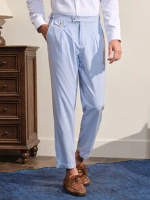 VeloEdit Men's Mature Modern Blue Striped Casual Suit Pants, Spring/Summer, Ceremony, Formal - Blue and White - View 1