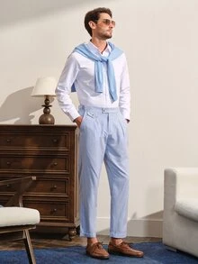 VeloEdit Men's Mature Modern Blue Striped Casual Suit Pants, Spring/Summer, Ceremony, Formal - Blue and White - View 2