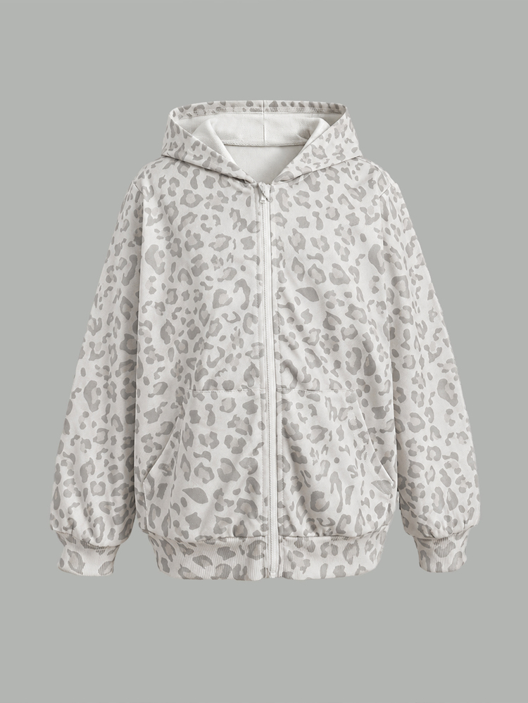 SHEIN Tween Girls Casual Light Kids Grey Leopard Printed Front Zipper Hooded Autumn Sweatshirt - Light Grey - View 3