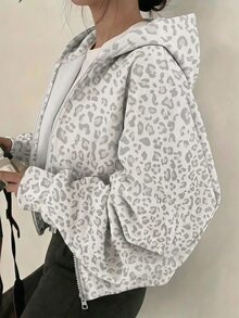 SHEIN 青少年女孩休閒輕便灰色豹紋印花前拉鍊連帽秋季運動衫 - 淺灰色 - 查看 2