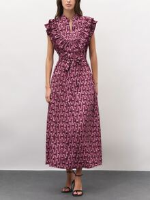 Nöista  Burgundy Geometric Print Maxi Dress With Ruffles-Elegant Romantic,A Must-Have Dress In Any Wardrobe.Fall Winter, Elegant,Cute,. - Red Violet - View 2