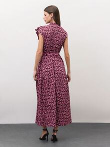 Nöista  Burgundy Geometric Print Maxi Dress With Ruffles-Elegant Romantic,A Must-Have Dress In Any Wardrobe.Fall Winter, Elegant,Cute,. - Red Violet - View 5