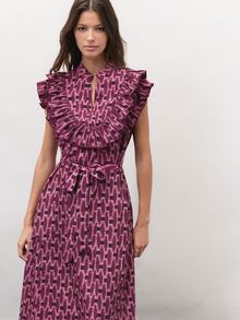 Nöista  Burgundy Geometric Print Maxi Dress With Ruffles-Elegant Romantic,A Must-Have Dress In Any Wardrobe.Fall Winter, Elegant,Cute,. - Red Violet - View 4