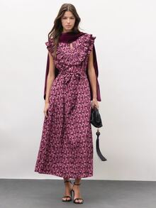 Nöista  Burgundy Geometric Print Maxi Dress With Ruffles-Elegant Romantic,A Must-Have Dress In Any Wardrobe.Fall Winter, Elegant,Cute,. - Red Violet - View 3