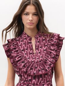 Nöista  Burgundy Geometric Print Maxi Dress With Ruffles-Elegant Romantic,A Must-Have Dress In Any Wardrobe.Fall Winter, Elegant,Cute,. - Red Violet - View 6