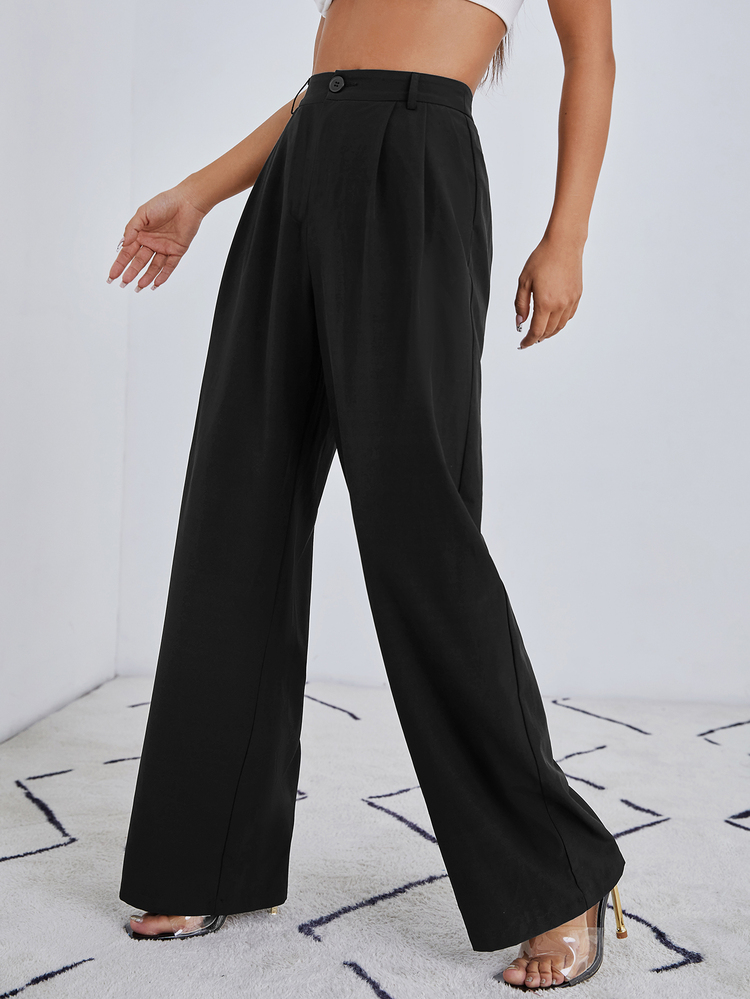 SHEIN Plus Size Women Black Solid Color High Waist Casual Wide Leg Suit Pants - Black - View 7