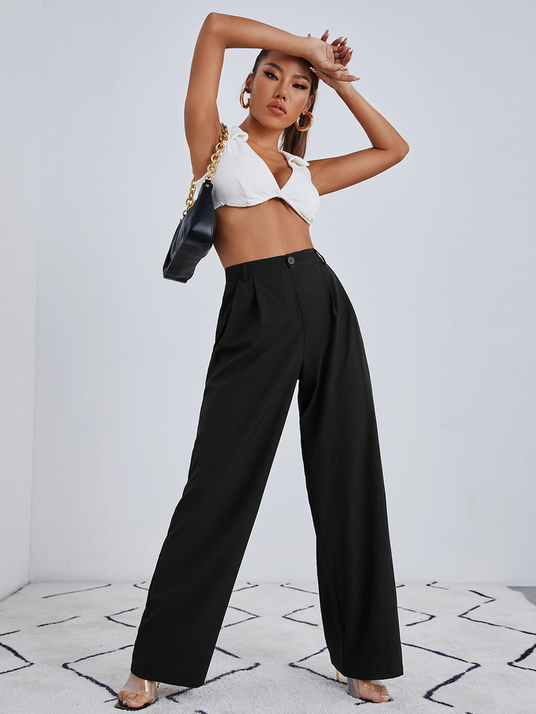 SHEIN Plus Size Women Black Solid Color High Waist Casual Wide Leg Suit Pants - Black - View 6