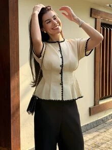 Yohana Edit Summer 100% Cotton Women's Contrast Trim Button Down Shirt, Short Sleeve Ruched Waist Elegant Casual Blouse, Casual Style For Summer,Summer Top - Apricot - View 6