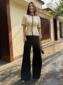 Yohana Edit Summer 100% Cotton Women's Contrast Trim Button Down Shirt, Short Sleeve Ruched Waist Elegant Casual Blouse, Casual Style For Summer,Summer Top - Apricot - View 7