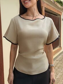 Yohana Edit 女款對比飾邊腰部短袖襯衫，極簡配色拼接夏季上衣，黑色與米色，夏季休閒優雅通勤約會穿搭 - 杏色 - 查看 4
