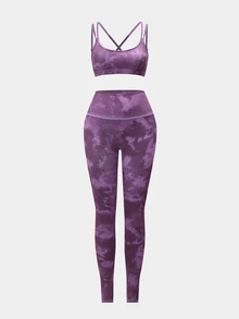 SHEIN Sports Women's Tie-Dye Camisole Top And High-Waisted Leggings Casual Daily Sports Set - Purple - View 5