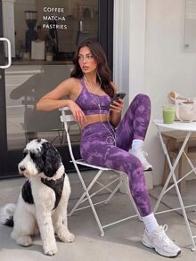 SHEIN Sports Women's Tie-Dye Camisole Top And High-Waisted Leggings Casual Daily Sports Set - Purple - View 4