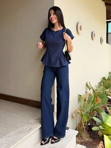 Yohana Edit Women's Elegant Navy Blue Office Shirt,Summer Vintage Round Neck Short Sleeve Ruched Waist X-Design Top,Versatile Apricot Commuting&Vacation Style - Navy Blue - View 7