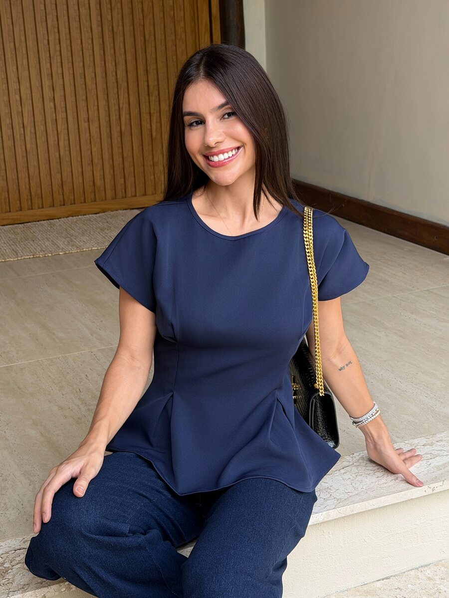 Yohana Edit Women's Elegant Navy Blue Office Shirt,Summer Vintage Round Neck Short Sleeve Ruched Waist X-Design Top,Versatile Apricot Commuting&Vacation Style