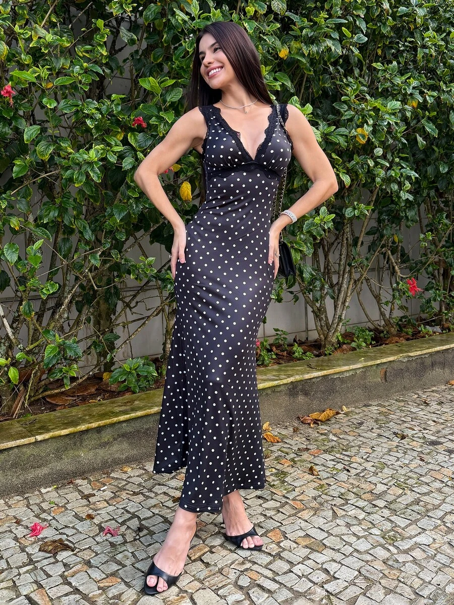 Yohana Edit Women's Lace V-Neck Polka Dot Dress, Fashionable For Dates And Parties - Black - View 1