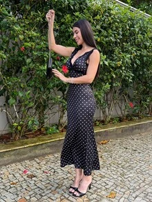 Yohana Edit Women's Lace V-Neck Polka Dot Dress, Fashionable For Dates And Parties - Black - View 5