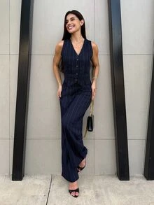 Yohana Edit 宽松条纹背心西装裤套装，海军蓝女士西装两件套，办公室女装套装，复古款，两件套，轻松时尚必备，办公室女士，商务装，教师装，秋季女装两件套 24 FW - 彩色 - 查看 5