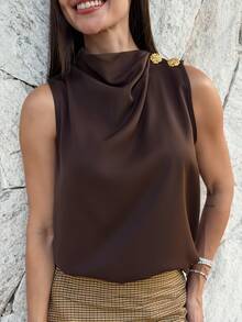 Yohana Edit Elegant Coffee Brown Asymmetric Pleated Collar Metal Button Sleeveless Fitted Office Work Shirt, Vintage Modern Style Everyday Commute Summer Top - Coffee Brown - View 3