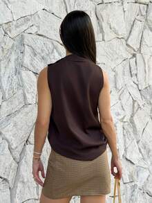 Yohana Edit Elegant Coffee Brown Asymmetric Pleated Collar Metal Button Sleeveless Fitted Office Work Shirt, Vintage Modern Style Everyday Commute Summer Top - Coffee Brown - View 2