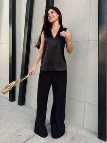 Yohana Edit Elegant Solid Color V-Neck Satin Camisole For Commuting, Summer - Black - View 6