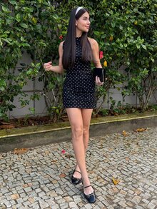 Yohana Edit New Spring French Fashion Polka Dot Bow Tie Waist Ruched Slimming Elegant Office Lady Black Mini Dress - Black - View 5