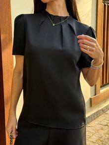 Yohana Edit Women's Simple Solid Color Pleated Short Sleeve Blouse, Suitable For Commuting, Summer - Black - View 3