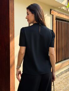 Yohana Edit Women's Simple Solid Color Pleated Short Sleeve Blouse, Suitable For Commuting, Summer - Black - View 2