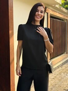 Yohana Edit Women's Simple Solid Color Pleated Short Sleeve Blouse, Suitable For Commuting, Summer - Black - View 5