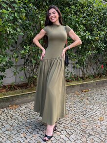 Yohana Edit Women's Elegant Solid Color Waist Cinched Long Dress, Suitable For Commuting ,Petite Women - Army Green - View 1
